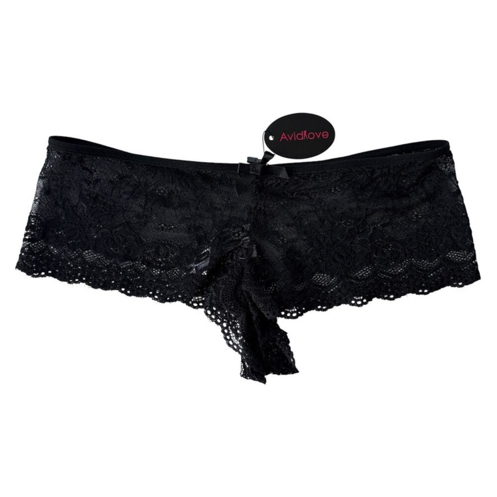 AvidLove Black Lace See Through Low Rise Hipster Cheeky Boy Shorts Sz Large NEW